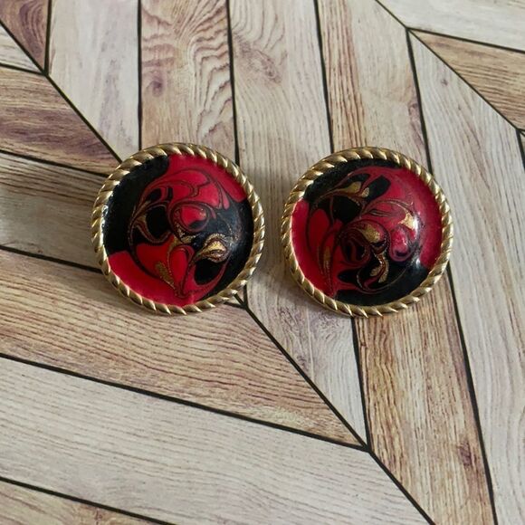 Enamel Stud Earrings, Red, Black & Gold, Oversized Stud Earrings - Picture 1 of 7